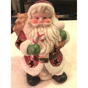 Tea Light Votive Candle Ceramic Santa with Candy Cane and Toy Bag